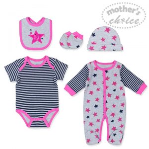 Mother's Choice 5 pc romper and bodysuit with hat, bib and bootiesr